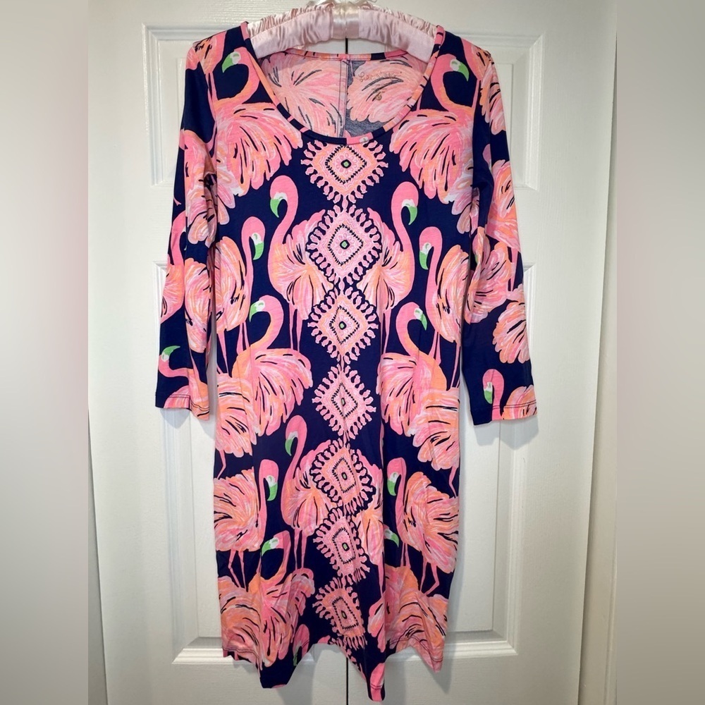 Lilly Pulitzer Beacon T-shirt dress SZ XS Gimme Some Leg Flamingo 3/4 slv VVGUC